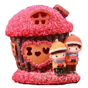 

Pastoral Rose House Flash Piggy bank Decor Figurine Couple Doll Resin craft Bedroom Study Entrance Ornament Fashion Student Gift