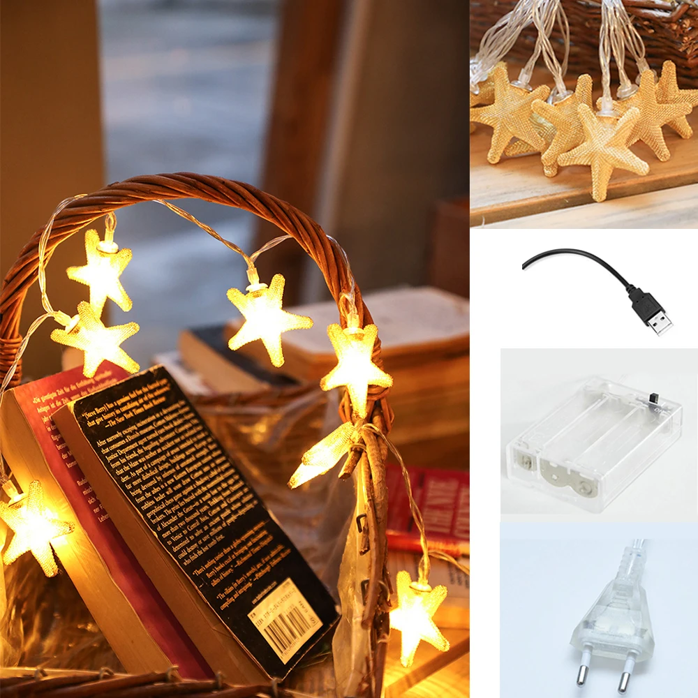 Iron Metal Starfish String Lights 20Led Fairy Sea Star Garland 3M charging/Battery/USB Powered Wedding Party Xmas Decor | Освещение