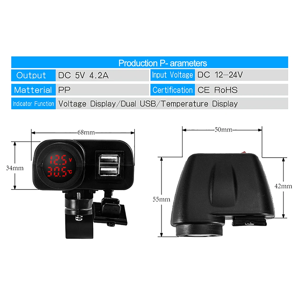 12V 4.2A мотоцикл двойной USB зарядное устройство 2.1A + до 5V с вольтметр светодиодный