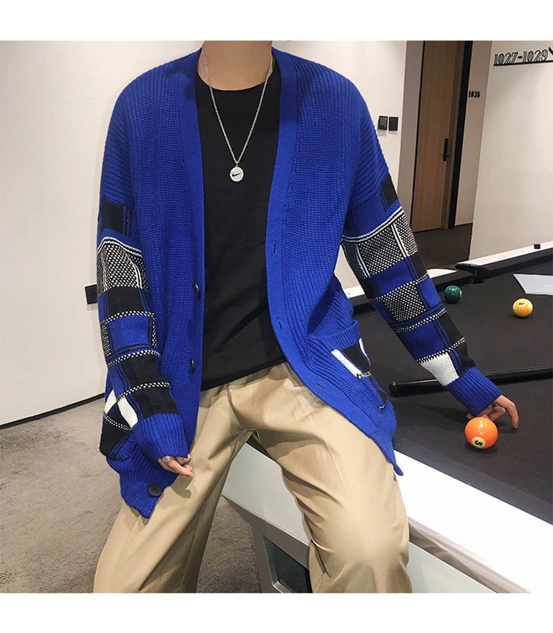 Korean Oversized Sweater Cardigan Men Plaid  (27)