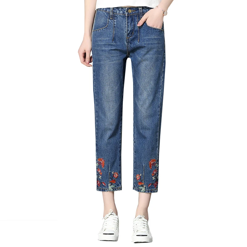 

Spring Summer Vintage Floral Embroidery Straight Pants Woman Elegant Style Denim Pants Trousers For Women Jeans