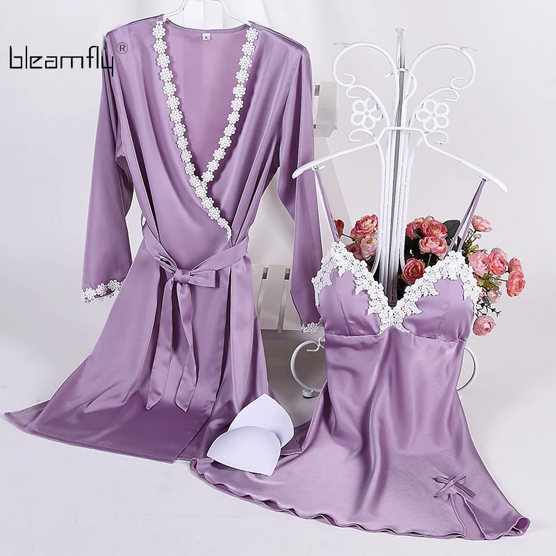 

Summer long sleeve Sexy Women Deep-V Nightwear Robes big Size Lace Silk Female Bathrobes Sleepwear