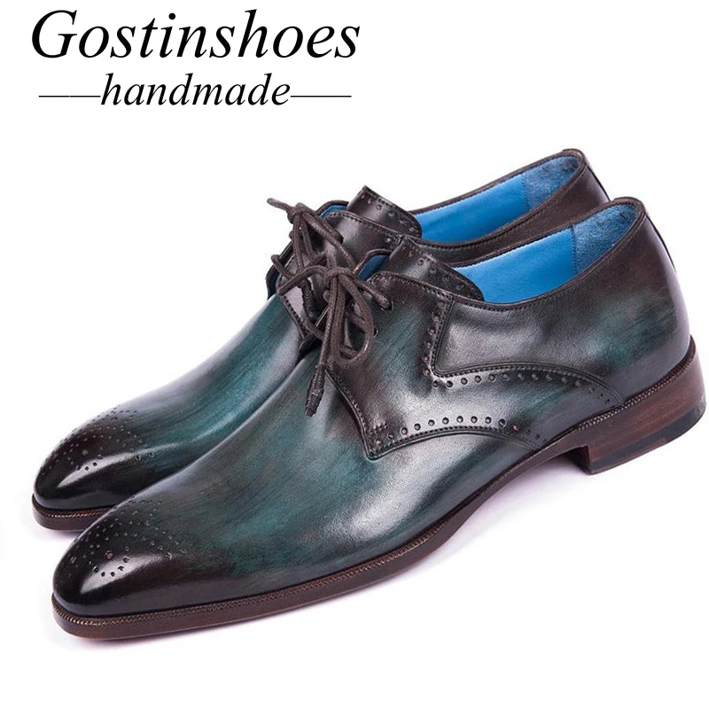 

GOSTINSHOES HANDMADE Goodyear Welted Turquoise Brown Medallion Toe Derby Shoes Cow Leather Lace-Up Oxford Shoes For Men SCZ024