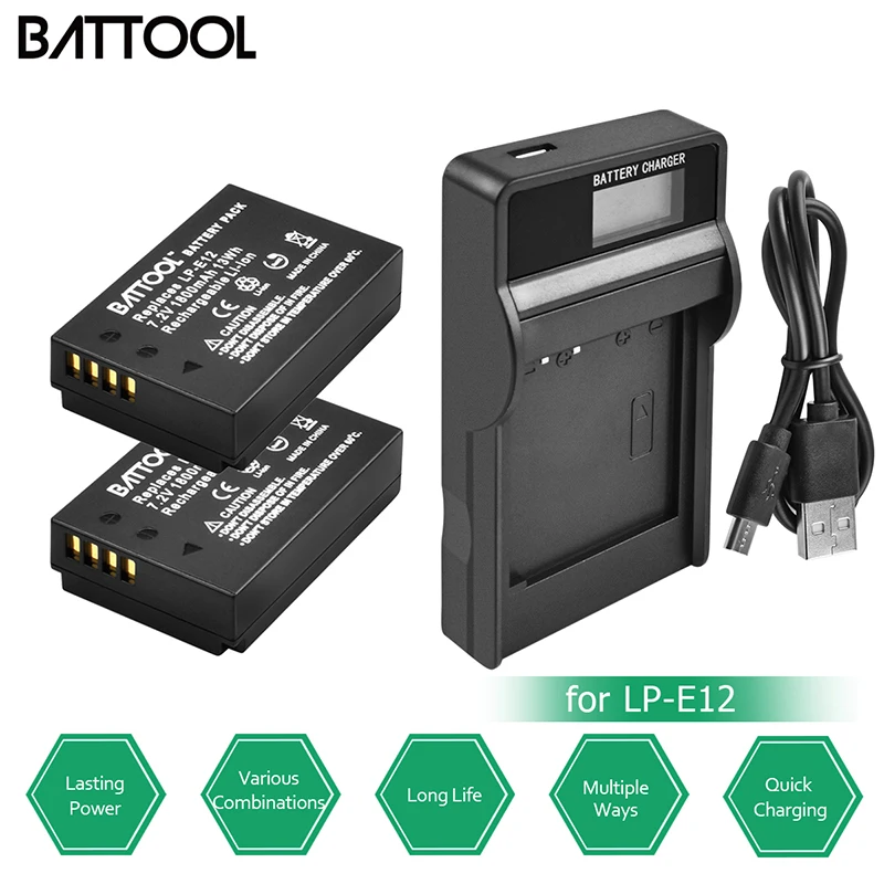 Батарея batcool 1.8Ah LP E12 с ЖК зарядным устройством для Canon Rebel SL1 EOS 100D M M2 M10