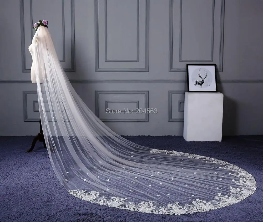 Однослойная кружевная свадебная вуаль с цветами, Длинные Роскошные вуали с гребешком YHG2019