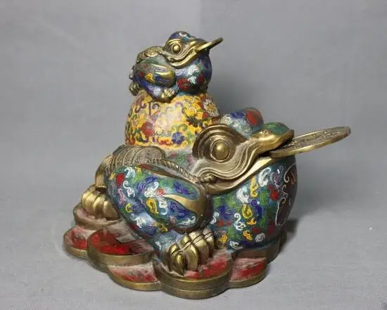 

China old Bronze Cloisonne Enamel Lucky Money Wealth Two Spittor Toad Statue
