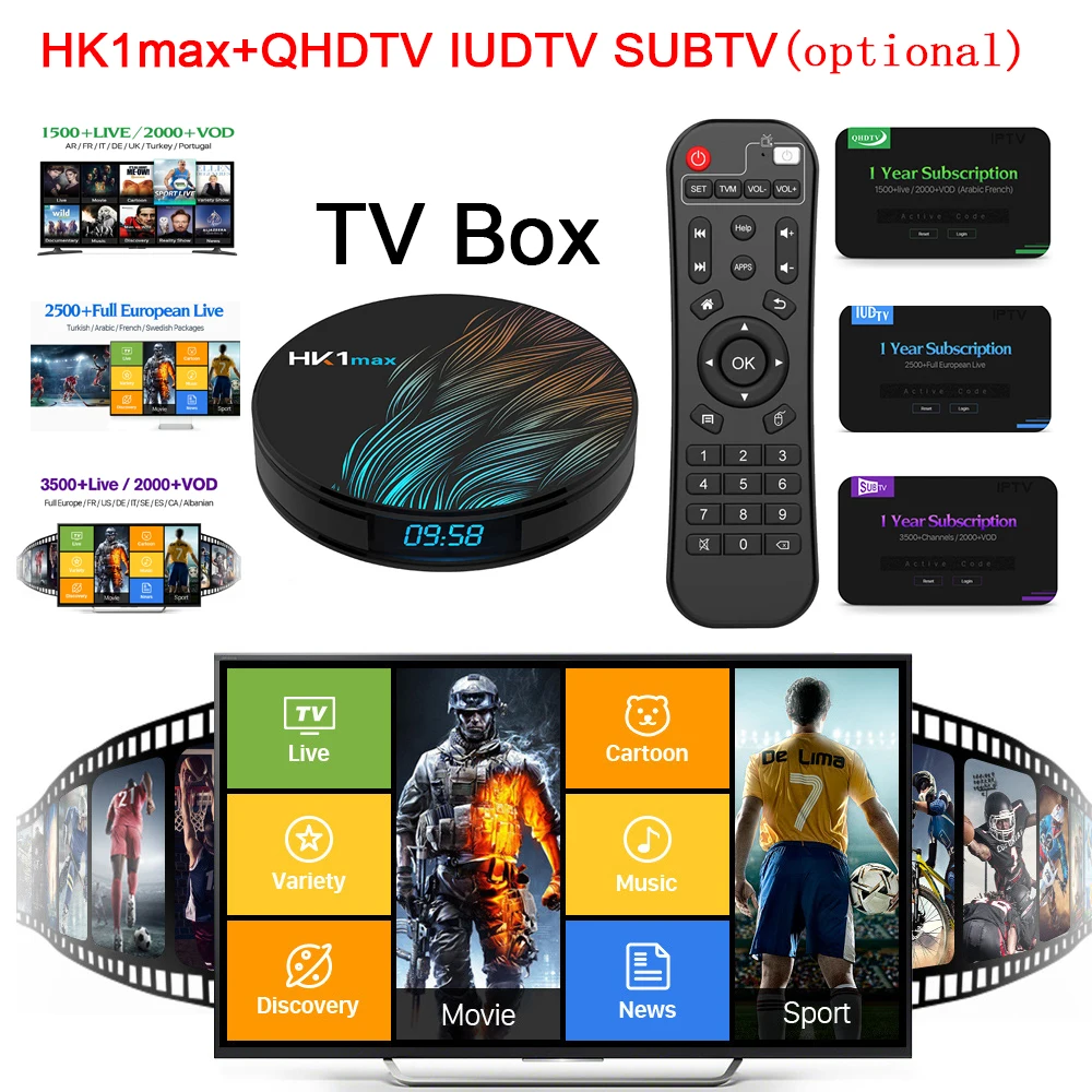 

Dual Band Wifi TV Box HK1 Max with 1 Year IPTV Subscription Online 4K TV 3500+Channels 2000 VOD Media Player Android Set Top Box