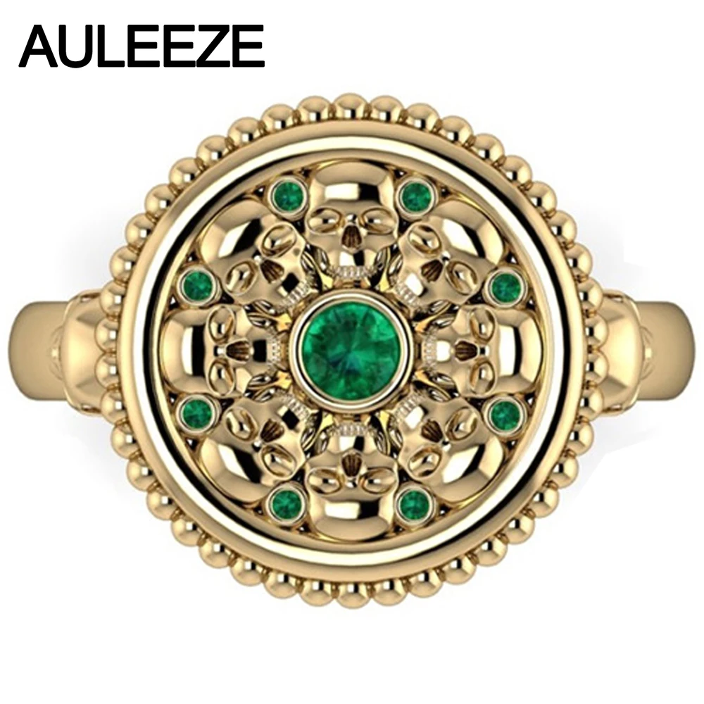 

Halloween Natural Emerald Engagement Ring Art Deco Unique Skull Filigree Ring Solid 10K Yellow Gold Rings For Women Fine Jewelry