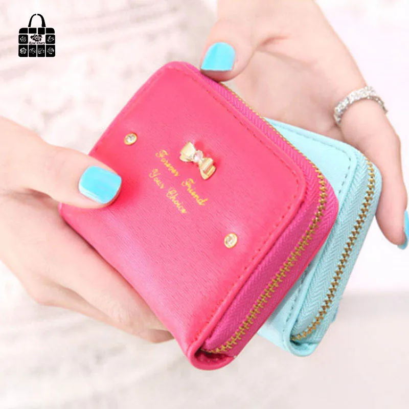 

Rose Diary Fashion Women sweet bowknot zipper zero wallet Leather short Wallet Day Clutch Purse Wristlet Handbags Coin Purse