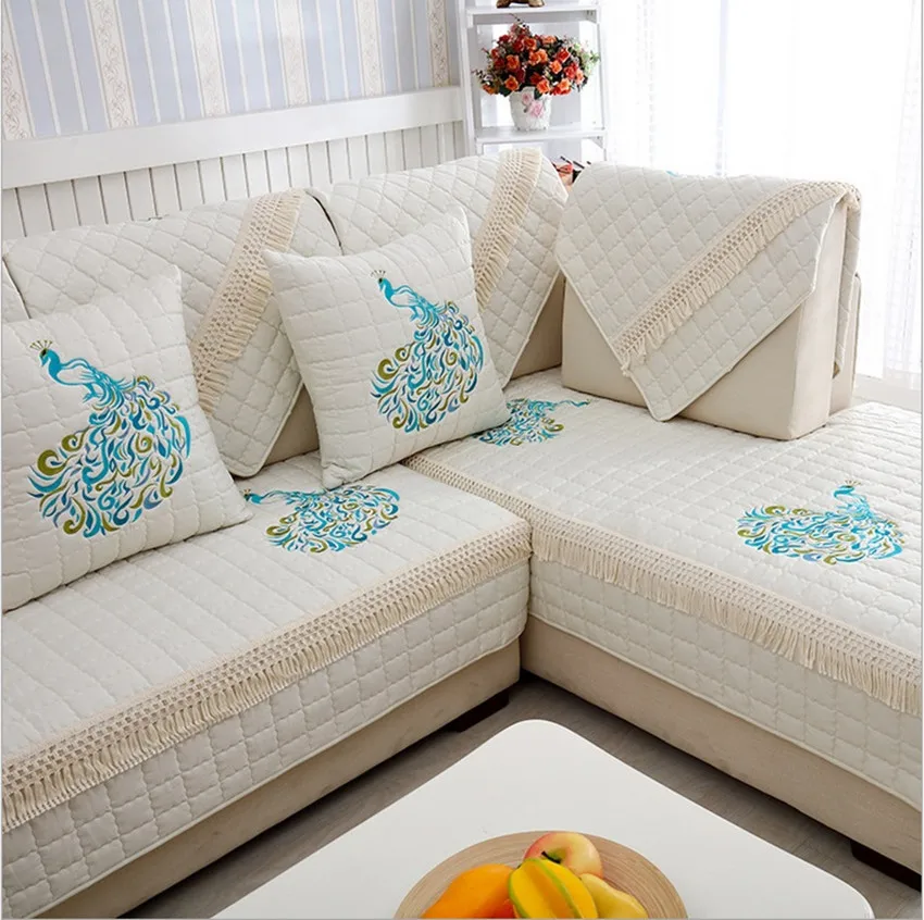 

Beige White Non-slip Cotton Quilting Blue Embroidery Peacock Living-room Sofa Decorative Seat Cushion Bay-window Cushion