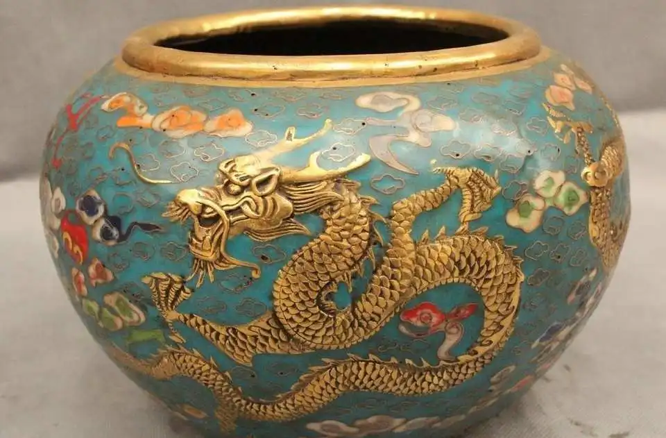 

6"Marked China Cloisonne Purple Bronze Gild Two Dragon Pot Vase Burner Censer