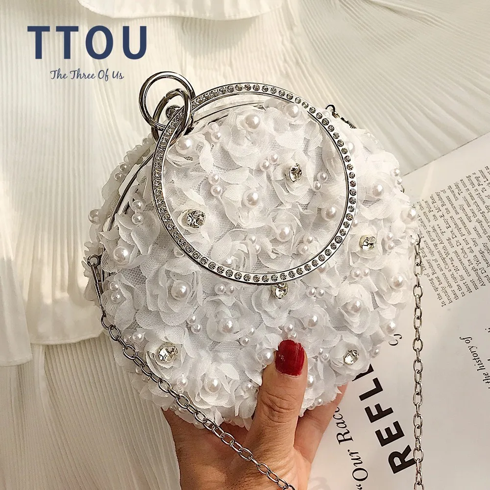 

TTOU Elegant Women Evenign Purse Round Lace Flower with Rhinestone Shoulder Bag Mini Round Crossbody Chain Bags Wedding Purse