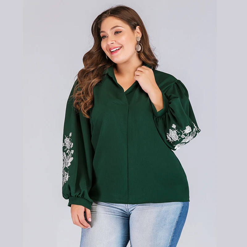 

XL-4XL Plus size Autumn Women Blouses Casual Loose V-neck Shirt Blouse Embroidery Lanterns Sleeve Lady Office Blouses FemaleTops