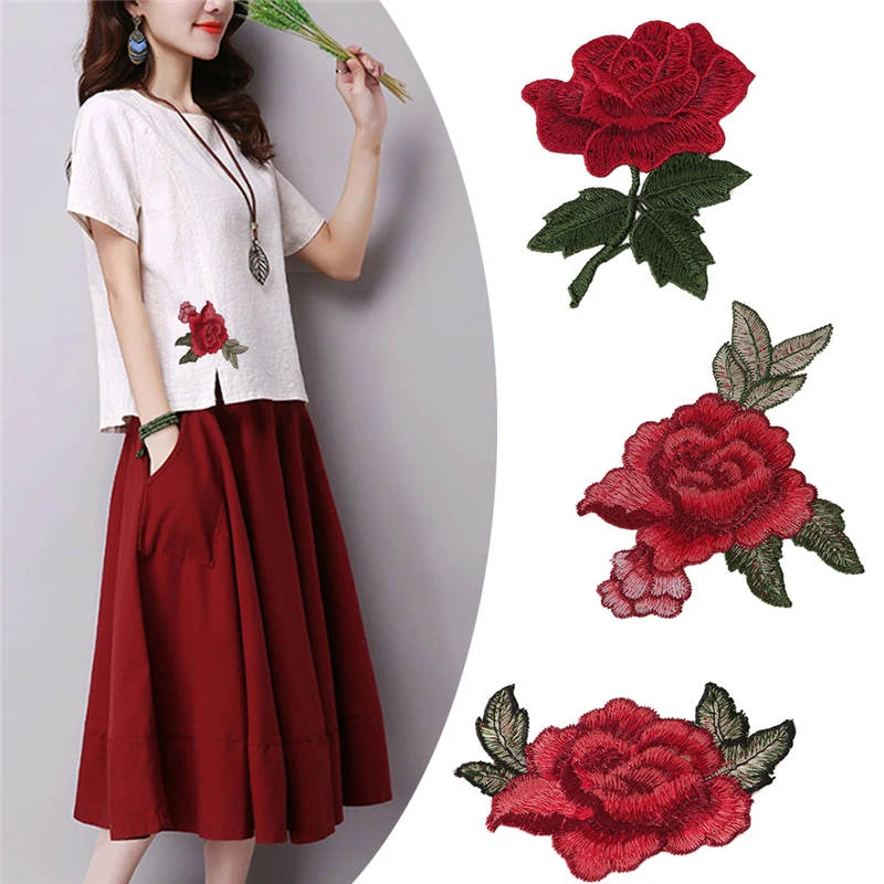 

Rose Flower Embroidery Fabric Sew On Patch Bag Hat Clothes Dress Applique Craft