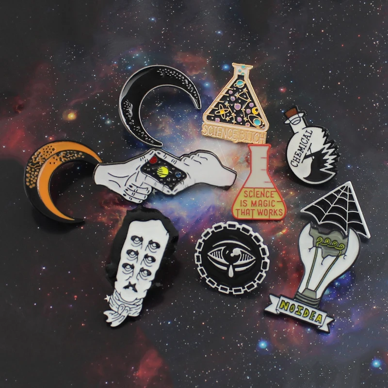 

Planet Science Science is Magic Clumsy Professor/Chemistry X Cobweb Devil Eye Edgar Allan Poe Star Moon Light Bulb Brooch Set
