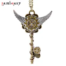 Faitheasy New Fashion Bronze Retro Steampunk Jewelry Gear Wings Key-shaped Long Necklace Chain Pendant Men Women Gifts Vintage