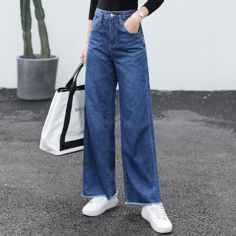 Women Wide Leg Loose Denim Blue Jeans Pant 2018 Female Long Trousers High Waist Chic Female Pants Mom Jeans Korean Style Stretch