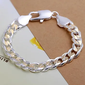 

Men's Jewelry bracelet 925 Plated Silver 10mm wide 21cm golden thick fine fashion bracelet Pulseiras de Prata male modle Bijoux