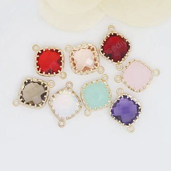

4PCS 13.5x18MM 24K Champagne Gold Color Plated Brass with Colourful Glass Beads 2 holes Connect Charms Accessories