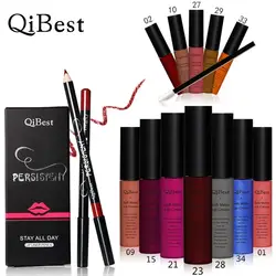 Qibest макияж комплект 12 Цветов блеск для губ + 12 Цветов карандаш + 12 кисть для губ матовая Blright красочные