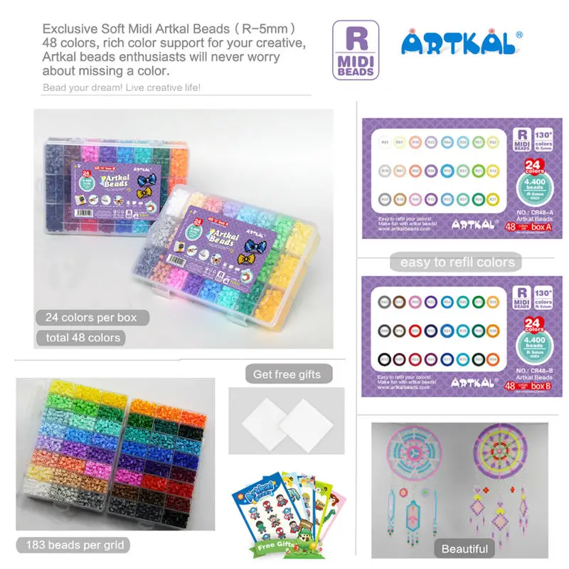 Artkal Бусины 48 цветов коробка для хранения набор r-5mm мягкие Hama Бусы DIY Развивающие игрушки cr48