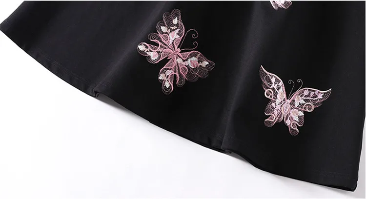 Новые Весна Для женщин Роскошные розового цвета с вышивкой в виде бабочек A-Line взлетно-посадочной полосы платье Повседневное черного цвета с длинными рукавами и круглым вырезом офисные вечерние платья