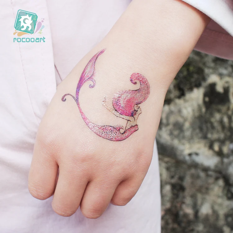 Rocooart وشم لامع الطاووس الحصان المؤقتة الوشم ملصق المرأة Tatouage Temporaire الجسم الفن حورية البحر فلاش Taty وهمية الوشم