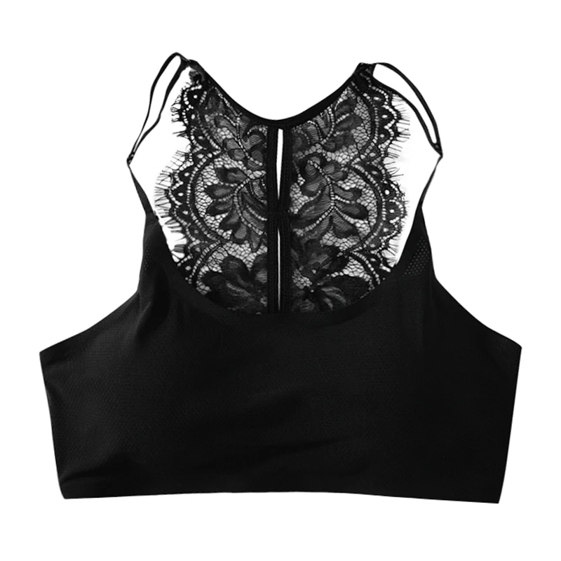 Sexy Women Seamless Bra Crop Top Spaghetti Strap Padded Eyelash Lace