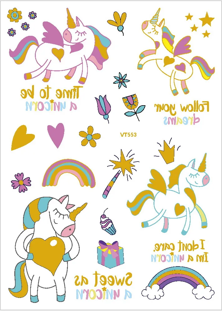 6pcs/pack kids tattoo sticker children horse tattoo cartoon unicorn tattoo kids glitter gold tattoo waterproof girl tatoo fake