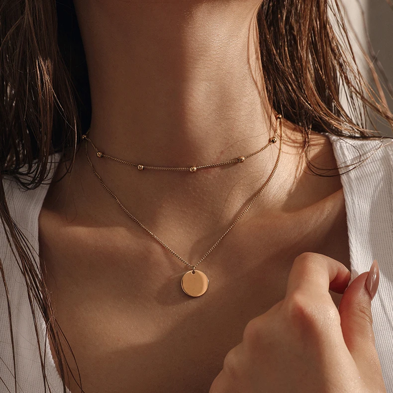 

Women Double Layered Gold Sequin Double Strand Necklace Layering Disc Pendant Boho Necklace, Beach Jewelry