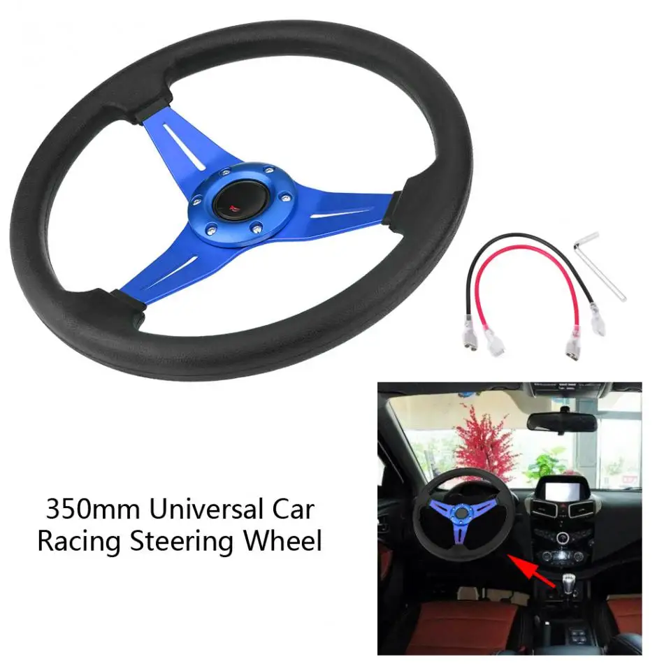 Racing Steering Wheel 350mm 14inch Universal Aluminum Frame PU Leather 6-Bolt Car Racing Steering Wheel W/Horn Blue 