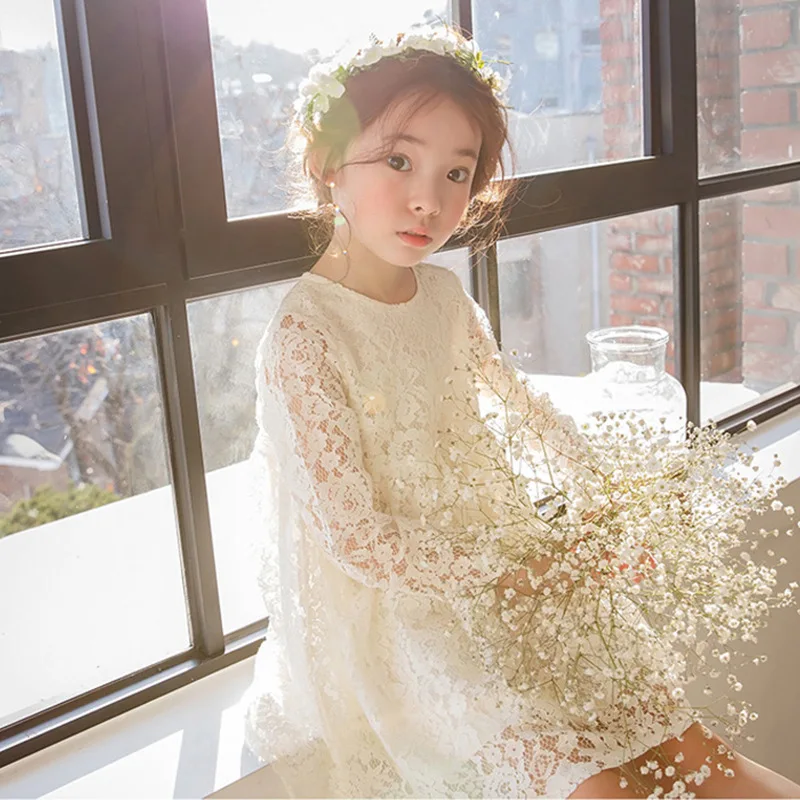 

Hot 2019 Spring New Model Girls Lace Embroidered Long-Sleeved Princess Dress Children's Clothes Little Kids Hollow One Piece X30