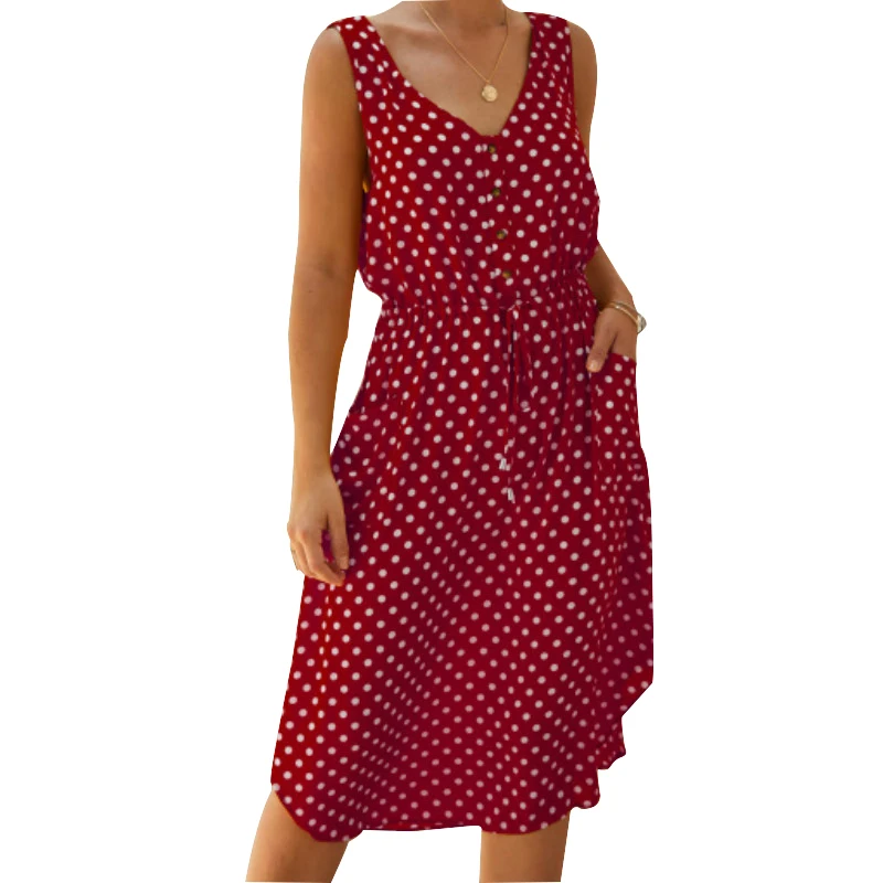 

2019 New Summer Sundress V-Neck Buttons Drawstring Mid-Calf Dress Boho Dot Printed Beach Tank Dress Women Sleeveless Girls GV363