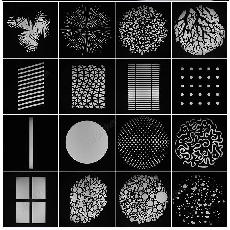 

16PCS Gobos Optical Spot Conical Snoot Slider Graphics Universal DIY Background Light Effect Pattern Beam Cards CD05 T10