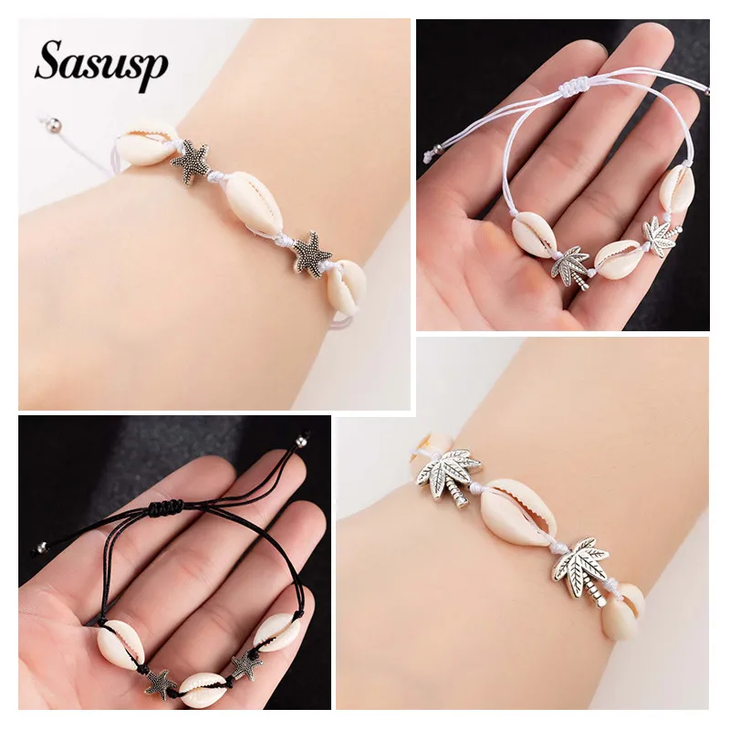 

Sasusp Fashion Handmade Natural Seashell Hand Knit Bracelet Ankle Foot Jewelry Shell Bracelets Women's Summer Beach Accessories