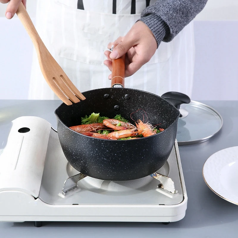 20Cm Soup Stock Pots Maifan Stone Cookware With Wooden Handle Milk Pot Universal Frying Pan Black Aluminum Snow Non-Stick Soup