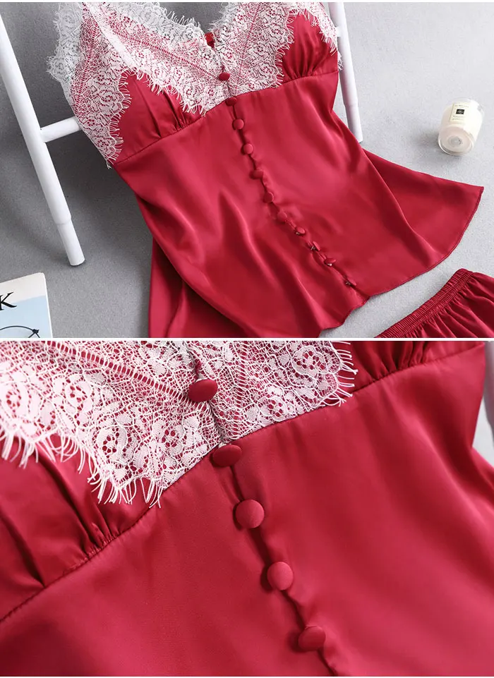 2019 летние комплекты одежды для сна из 2 предметов, женская одежда для сна, Сексуальный Атласный пижамный комплект, белая кружевная Пижама с