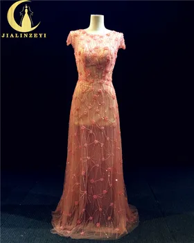

Rhine Real Sample Image Orange Red Short Sleeves Full Luxurious Beads Sequins Tulle Bling Formal Party Dress Evening Dress LY006
