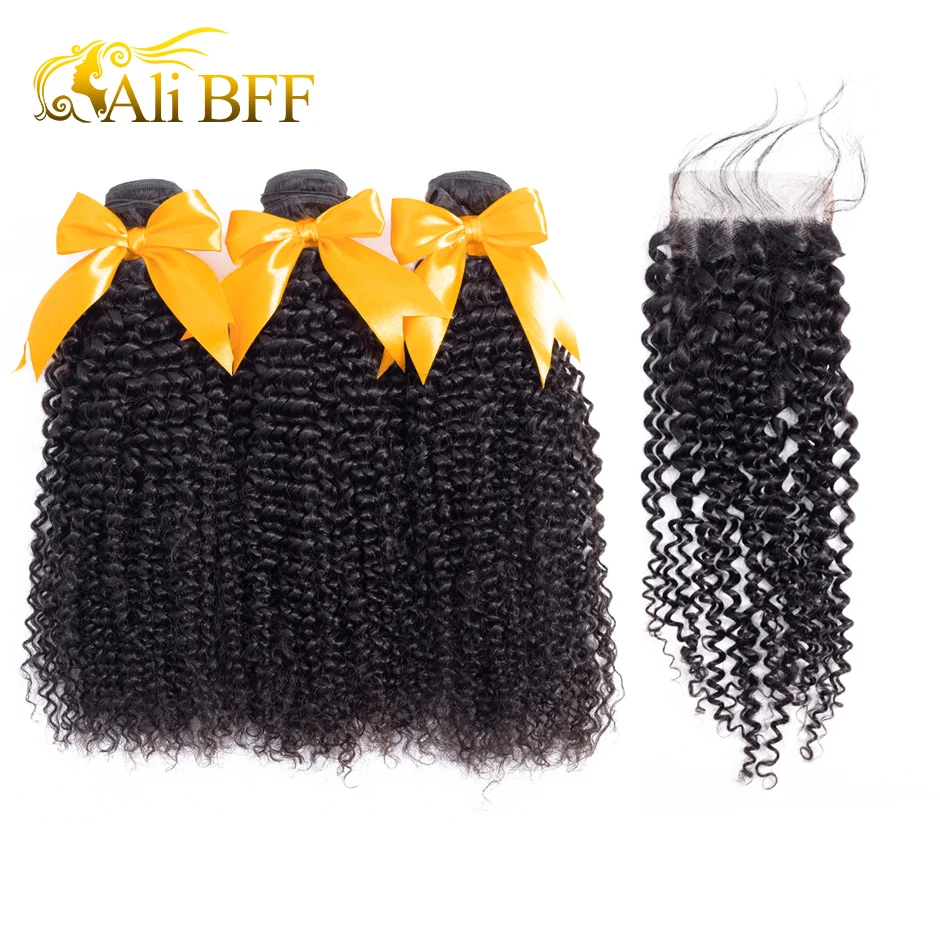 

ALI BFF Brazilian Kinky Curly Hair Extensions 100% Human Hair With Lace Closure Remy Hair Weave Bundles With Closure