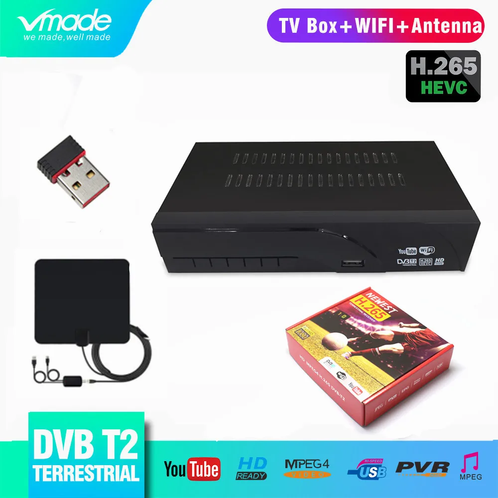 Vmade DVB T2 полностью HD цифрового наземного ТВ ресивер HD 1080 p H.265 Поддержка Dolby AC3 DVB T2 Декодер каналов кабельного телевидения + USB WI-FI + ТВ антенны