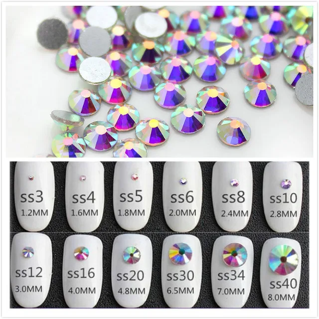 Crystal AB 3D Nail Art Стразы ss3 ss4 ss5 ss6 ss10 ss12 SS16 SS20 SS30 ss34 Стекло/кристалл, не исправление ногтей украшения