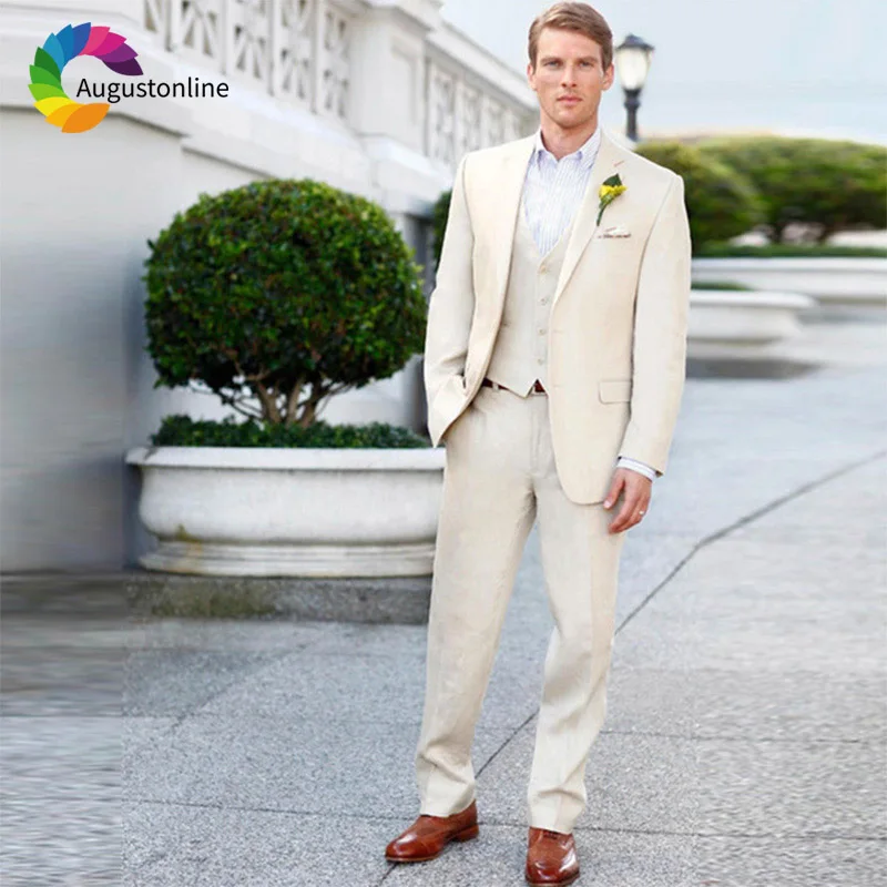 2019 Summer Slim Fit Beige Men Suits For Wedding Bridegroom Groom Costume Prom Casual Tuxedo Best Man Blazer Jacket+Pants+Vest