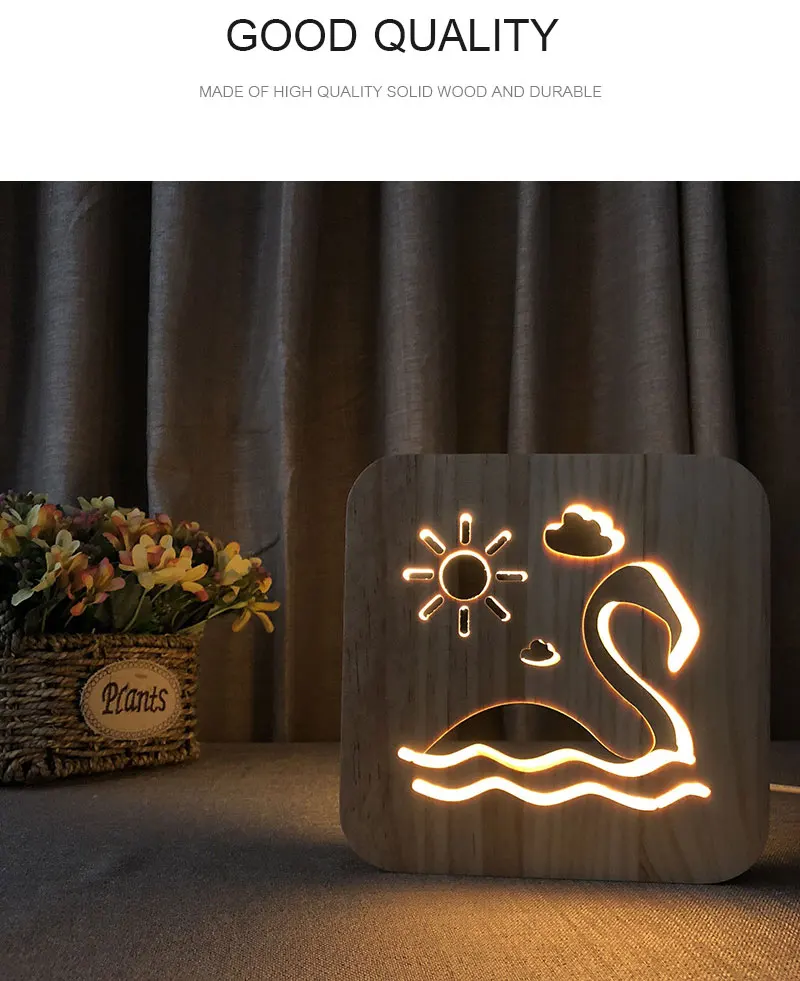 Wood LED Lamp Flamingo Swan Design 3D Illusion Luminaria Night Light USB Lamp Creative Child Birthday Gifts Bedside Decoration (1)