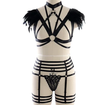 

1 Set Harness Bra Shoulder Wings Feather Lingerie Black Epaulette Soft Lace Top halter Cage Bra Pantie Garter Belts bottom Leg