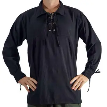 

Men Medieval Steampunk Autumn Solid Color Lace Up Lapel Long Sleeve Shirt Top trendy