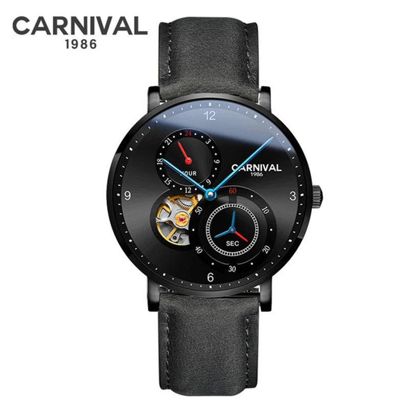 Tourbillon автоматические мужские часы карнавал 2019 механические кожаный ремешок
