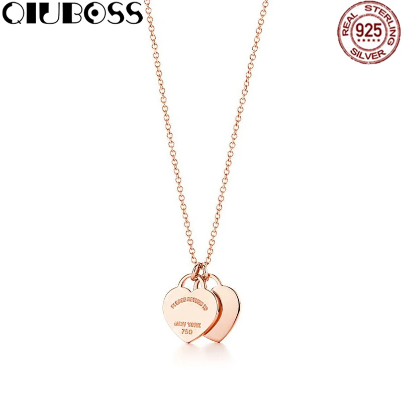 

QIUBOSS TIFF Double Pendant In Sterling Silver Rose Gold Heart Lock Necklace Women's Clavicle Chain Gifts Accessories