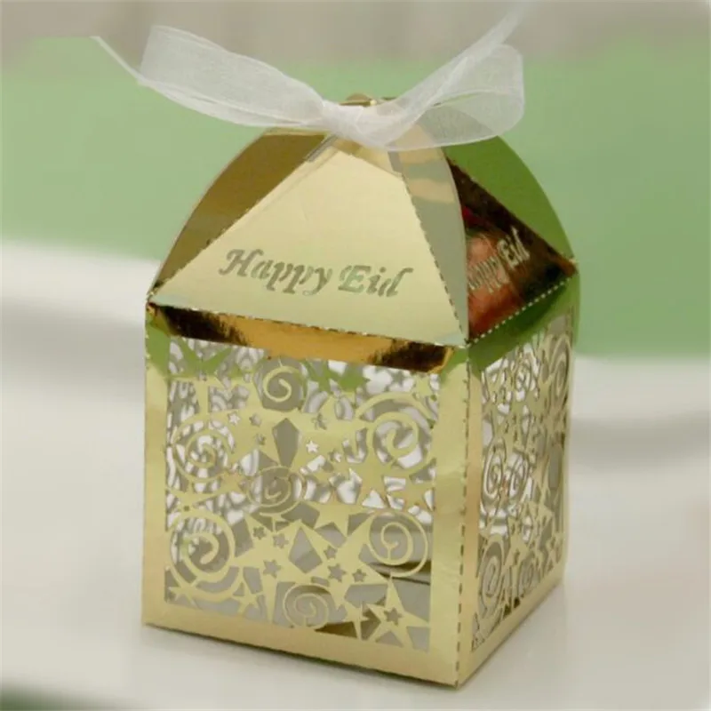 HAOCHU 50 шт. подарочные коробки Happy Eid Mubarak лазерная резка для крещения и крещения конфет Подарочная коробка мусульманский Рамадан Kareem вечерние принадлежности - Color: Gold