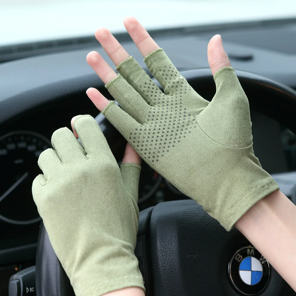 New Suede Summer Gloves Male Female Thin Semi-Finger Gloves Unisex Anti-Slip Breathable Sweat Absorption Driving Mittens SZ007W