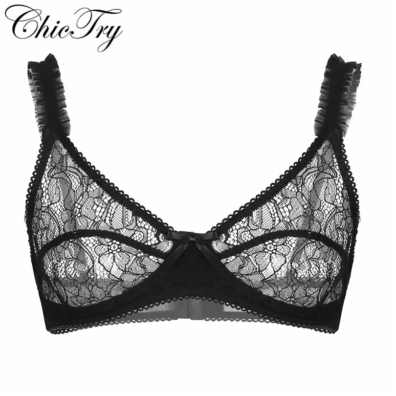 

Sexy Mens Sissy Soft See Through Sheer Floral Lace Lingerie Adjustable Spaghetti Straps Wire-free No Padded Bralette Bra Tops
